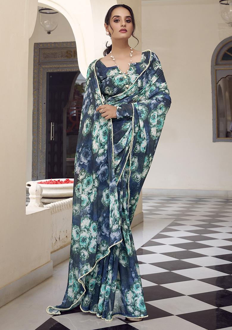 Navy Blue Printed Poly Blend Saree Set