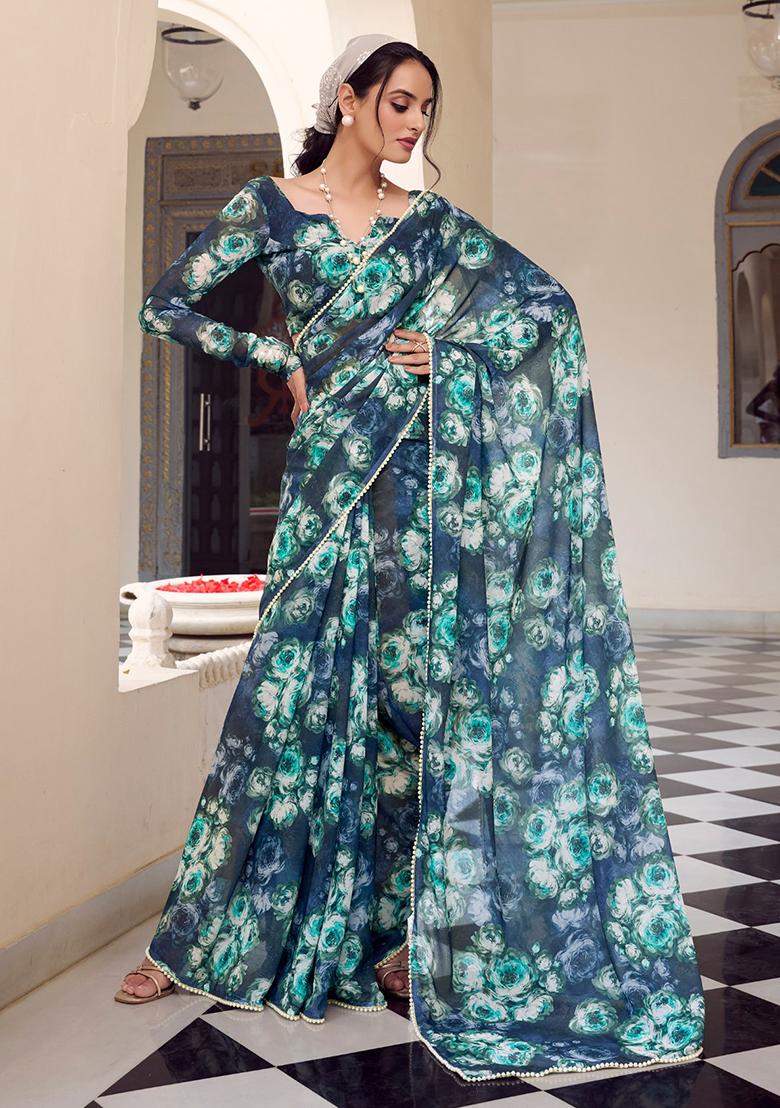 Navy Blue Printed Poly Blend Saree Set