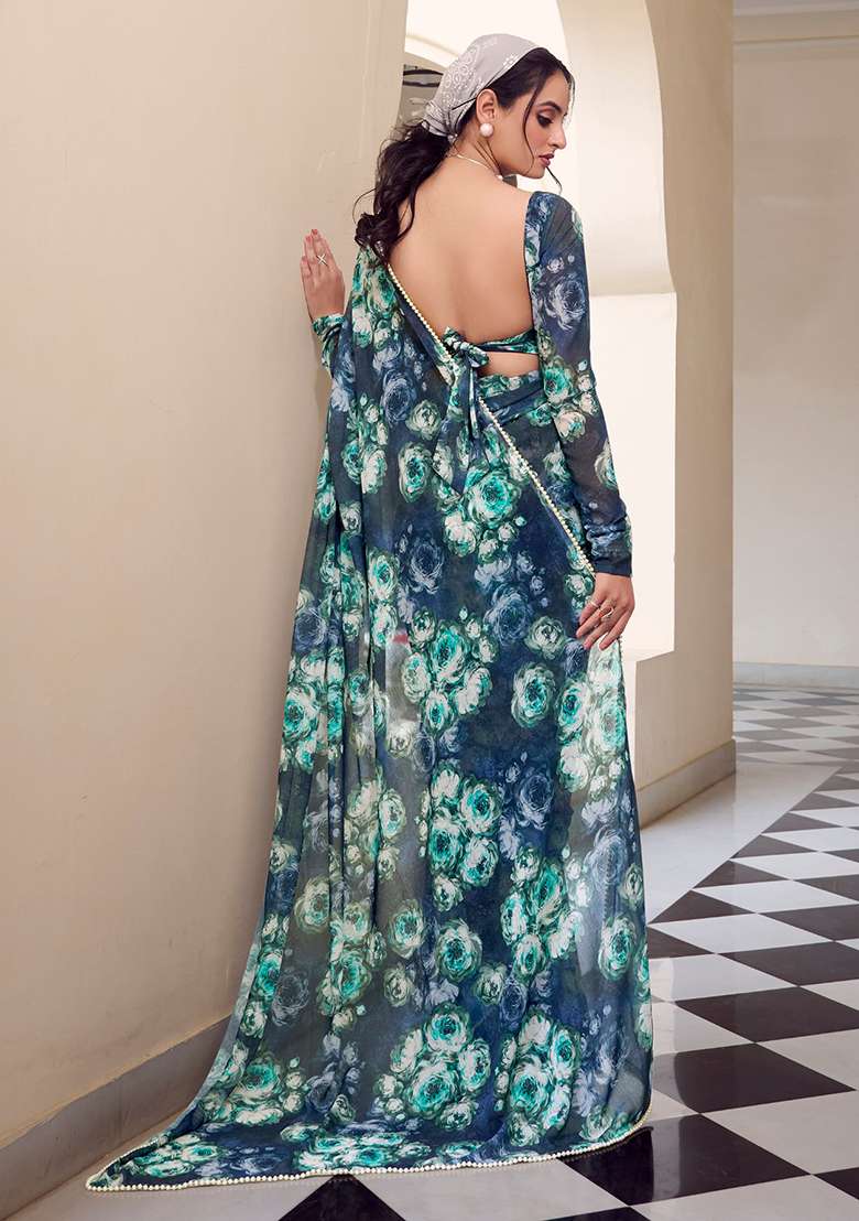 Navy Blue Printed Poly Blend Saree Set for Diwali and Festive Wear - Indya