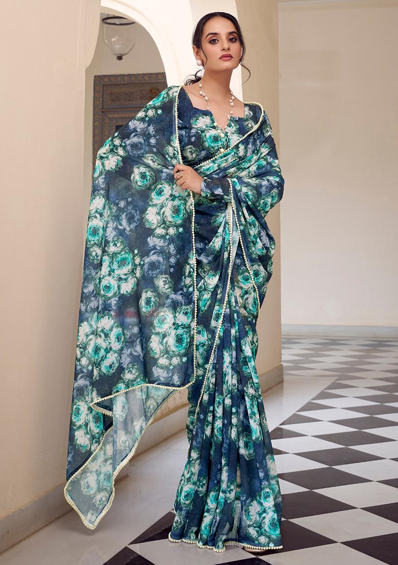 Navy Blue Printed Poly Blend Saree Set