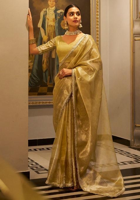 Gold Zari Weaving Work Poly Blend Saree Set