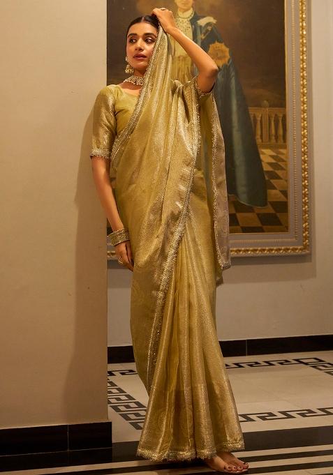 Gold Zari Weaving Work Poly Blend Saree Set