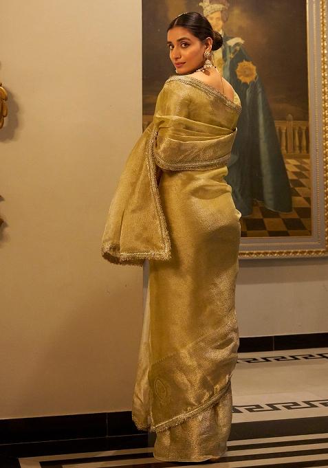 Gold Zari Weaving Work Poly Blend Saree Set