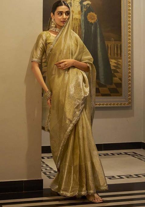 Gold Zari Weaving Work Poly Blend Saree Set