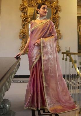 Baby Pink Zari Weaving Work Poly Blend Saree Set