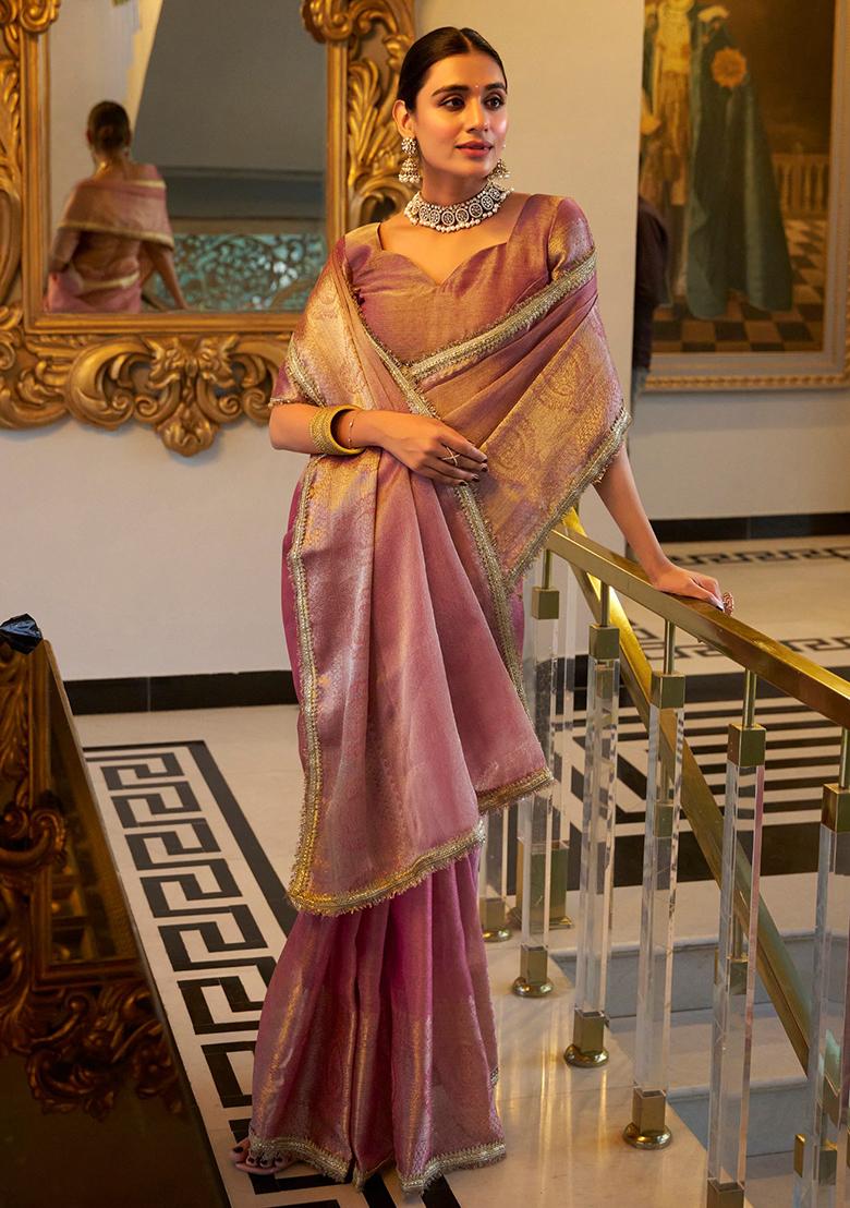 Baby Pink Zari Weaving Work Poly Blend Saree Set