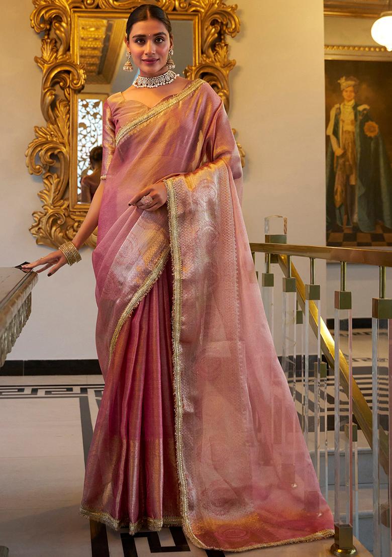 Baby Pink Zari Weaving Work Poly Blend Saree Set