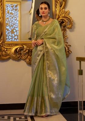 Pista Green Zari Weaving Work Poly Blend Saree Set