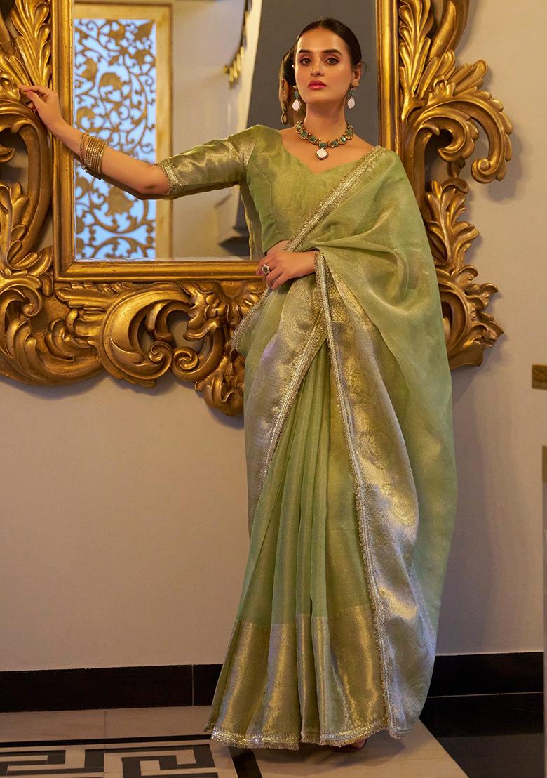 Pista Green Zari Weaving Work Poly Blend Saree Set