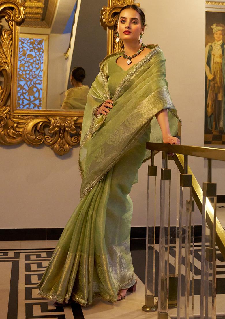 Pista Green Zari Weaving Work Poly Blend Saree Set