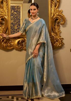 Sea Blue Zari Weaving Work Poly Blend Saree Set