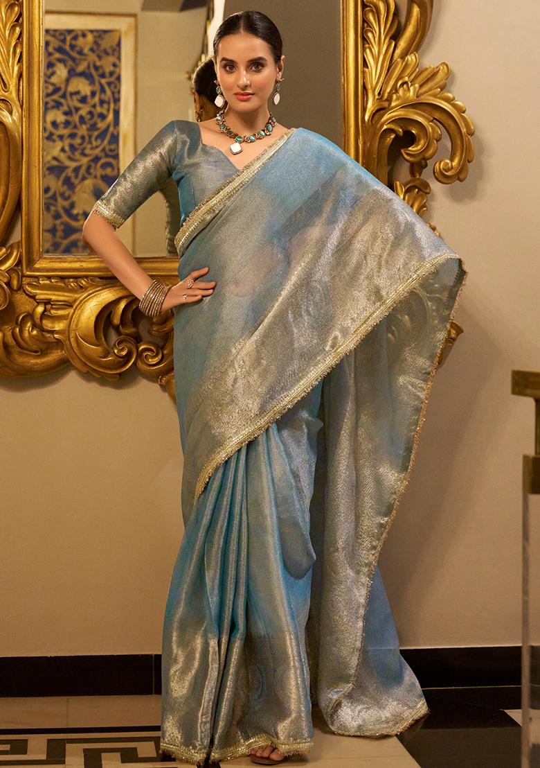 Sea Blue Zari Weaving Work Poly Blend Saree Set