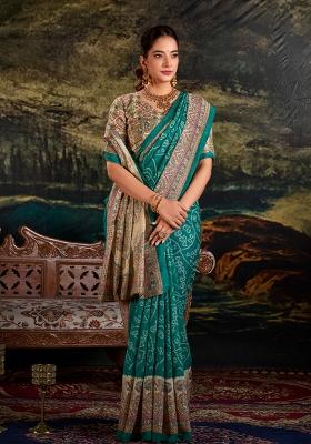 Green Printed Silk Saree Set