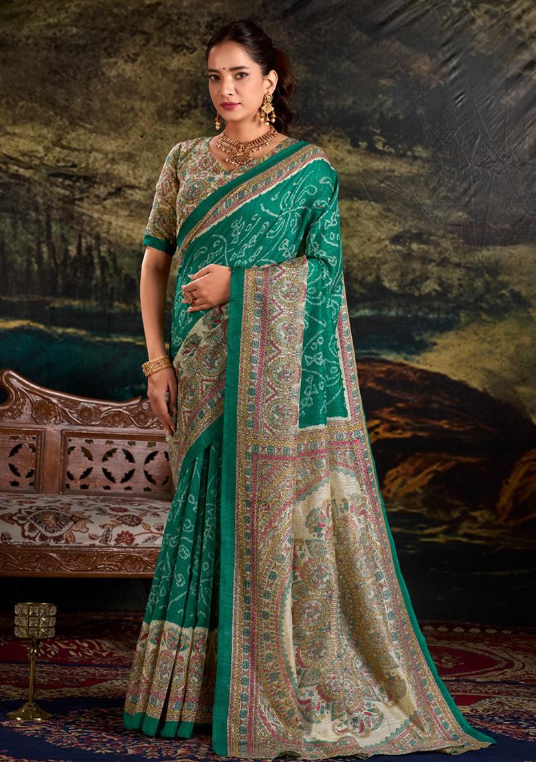 Green Printed Silk Saree Set
