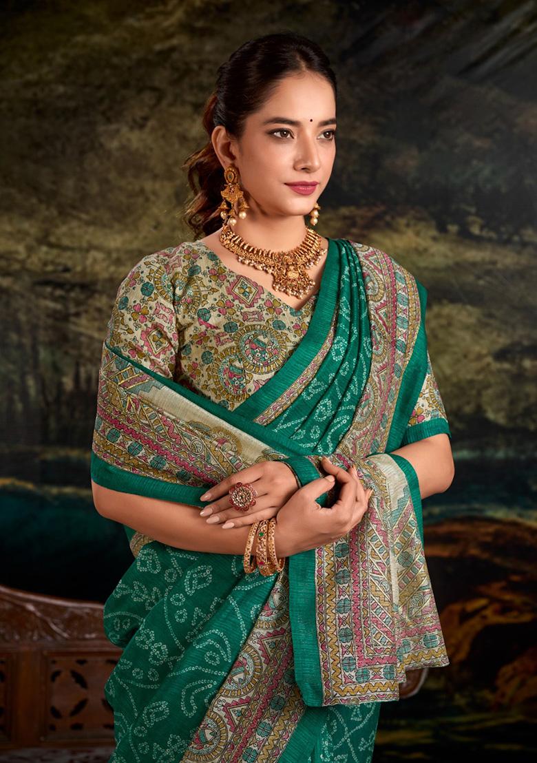 Green Printed Silk Saree Set