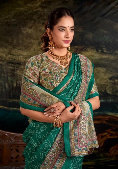 Green Printed Silk Saree Set
