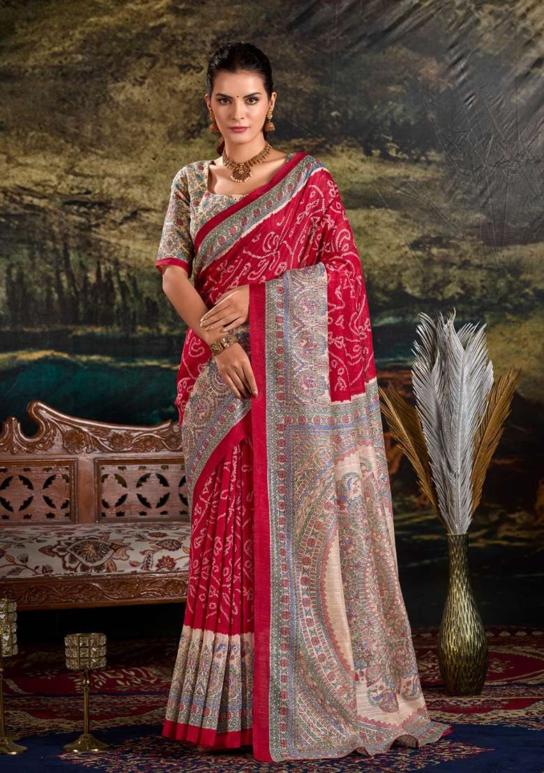 Maroon Printed Silk Saree Set - Indya