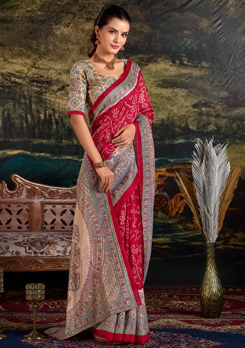 Maroon Printed Silk Saree Set