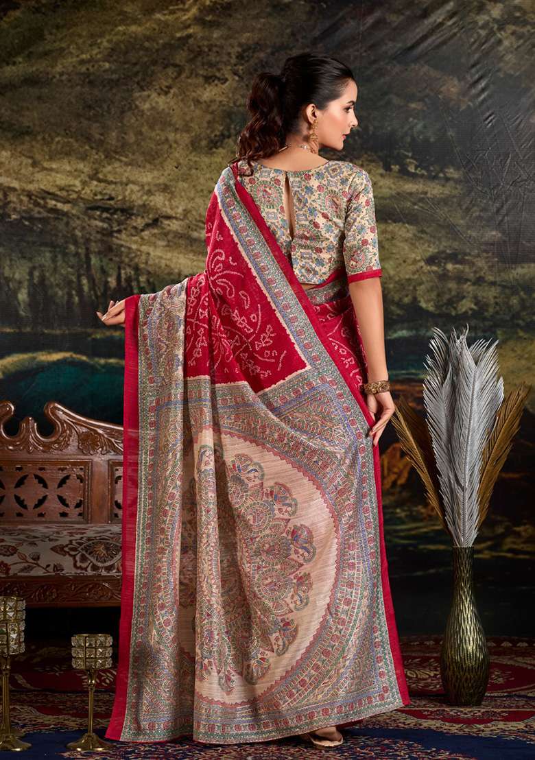 Maroon Printed Silk Saree Set - Indya