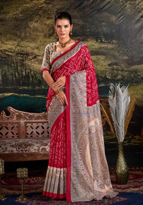 Maroon Printed Silk Saree Set