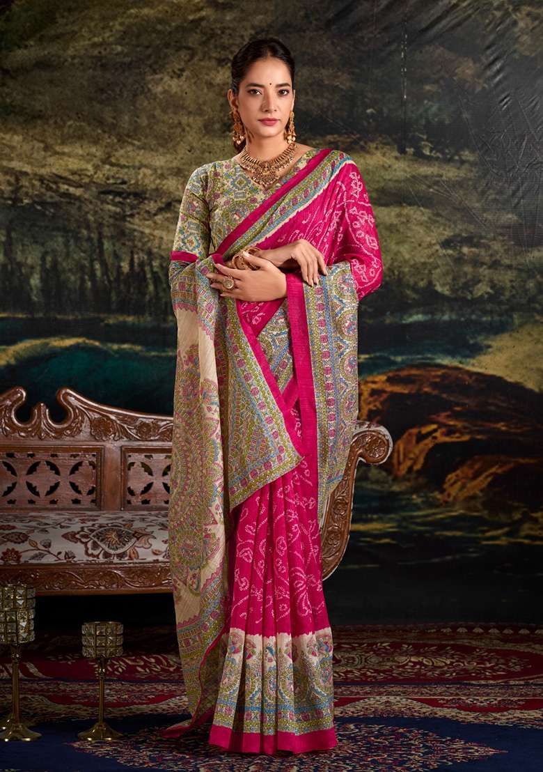 Pink Printed Silk Saree Set - Indya