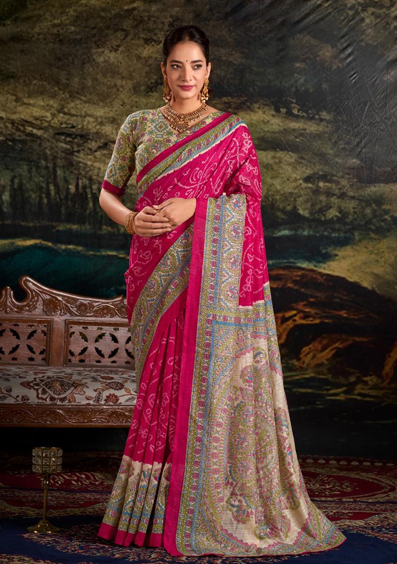Pink Printed Silk Saree Set