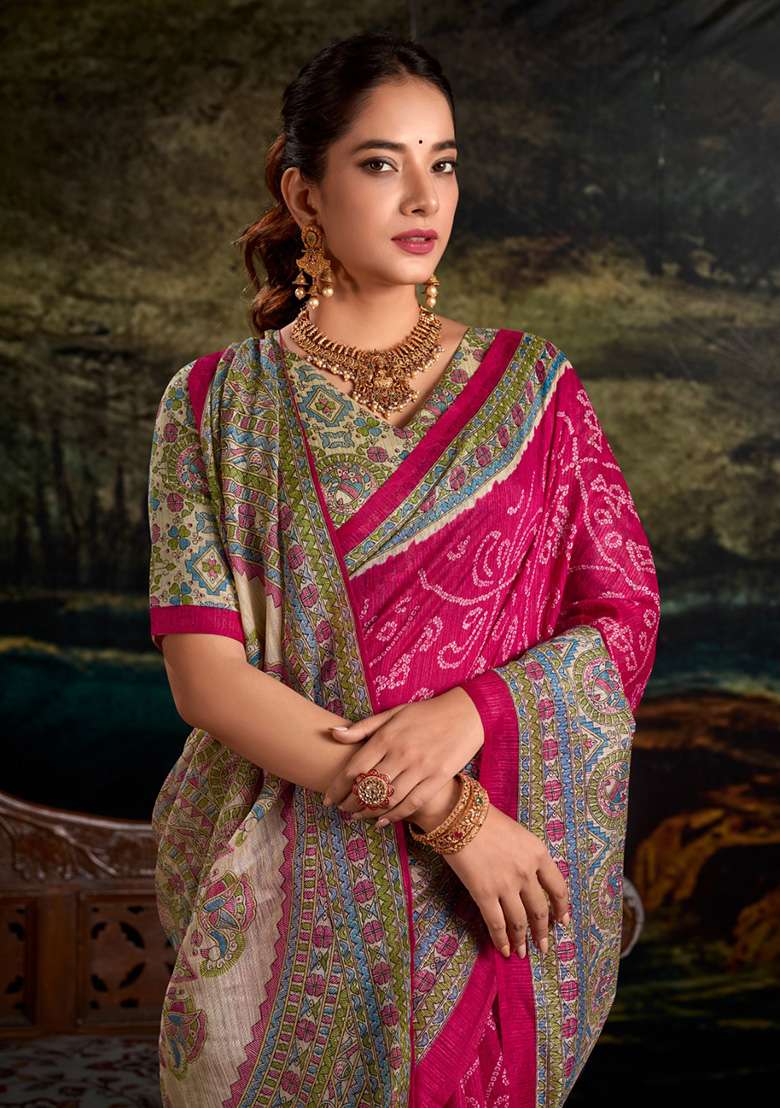 Pink Printed Silk Saree Set - Indya