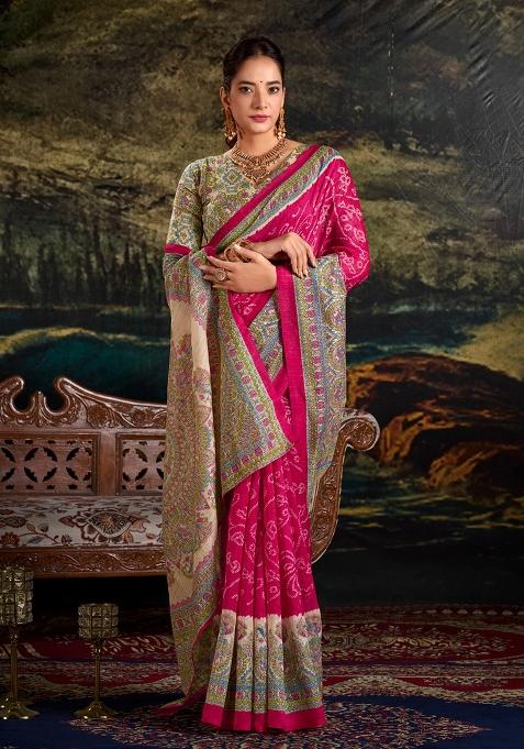 Pink Printed Silk Saree Set