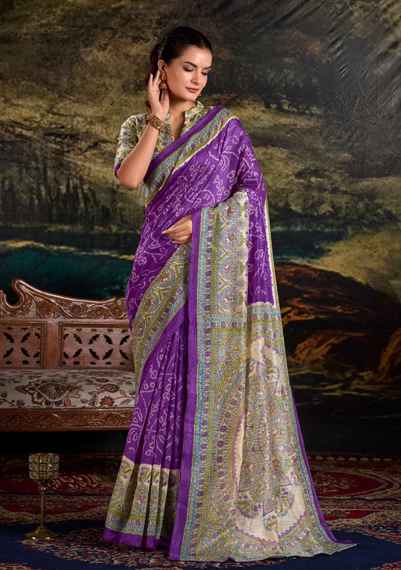Purple Printed Silk Saree Set - Indya