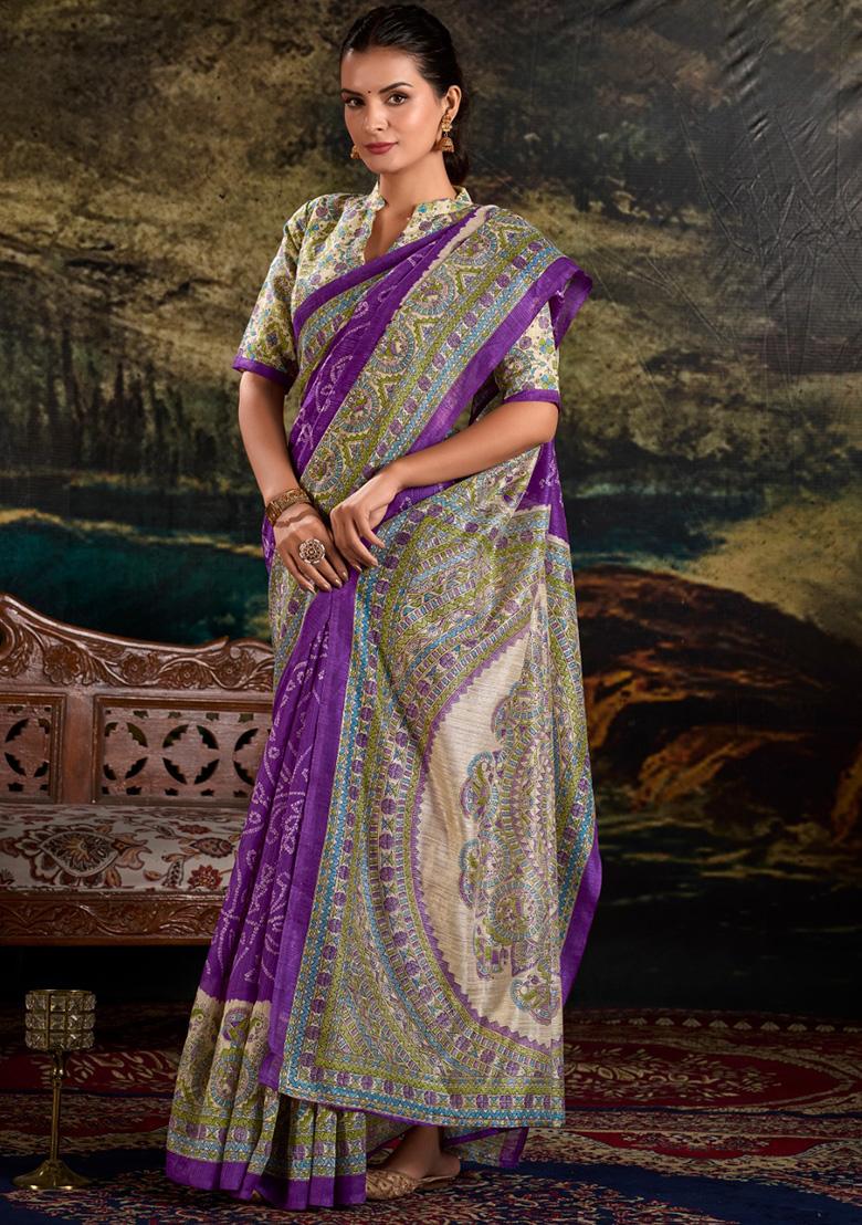 Purple Printed Silk Saree Set