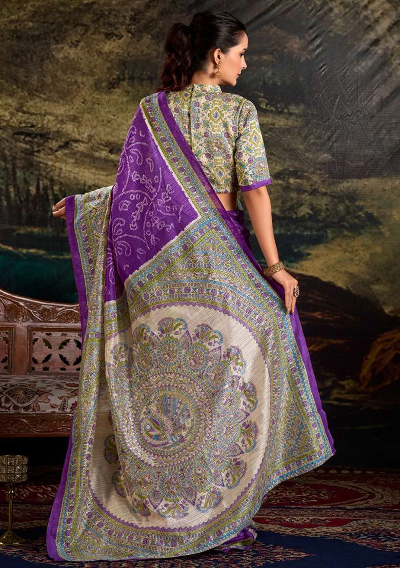 Purple Printed Silk Saree Set - Indya