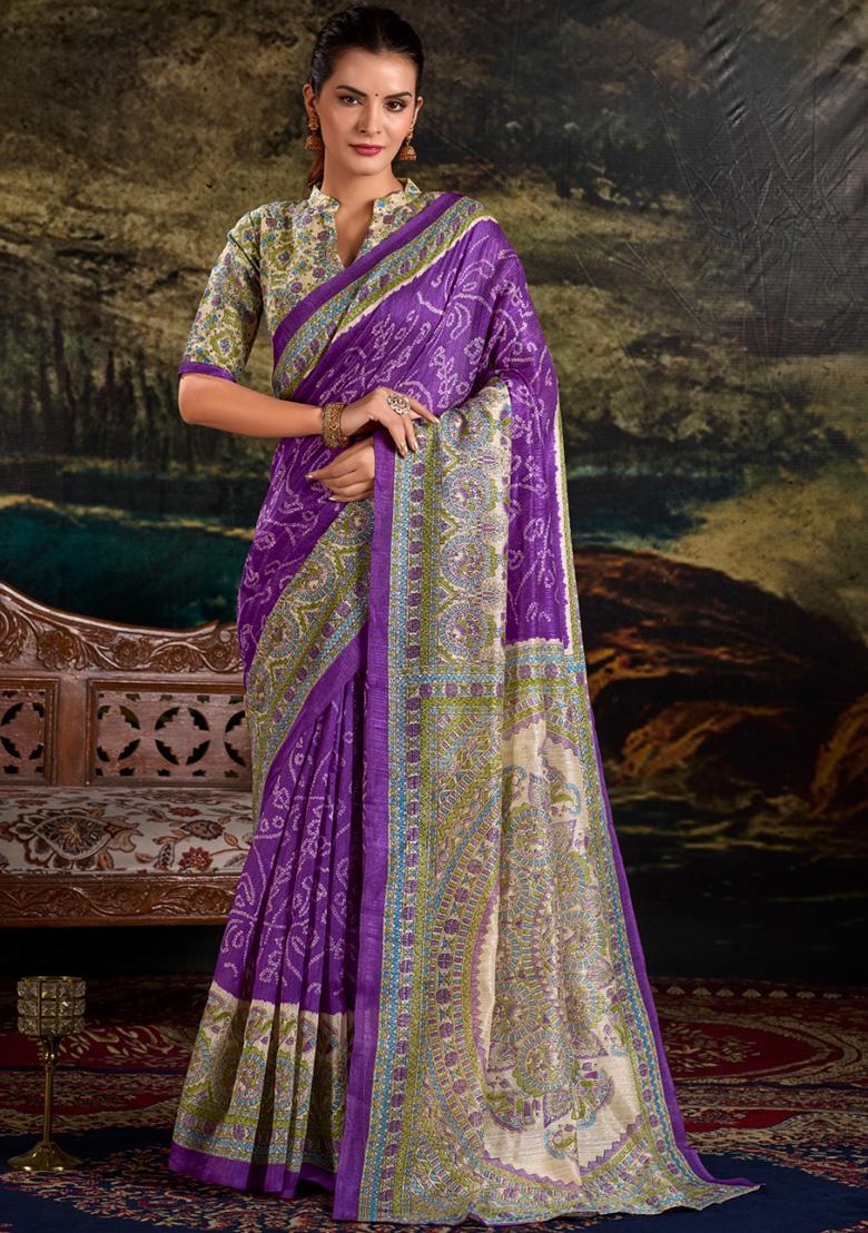Purple Printed Silk Saree Set