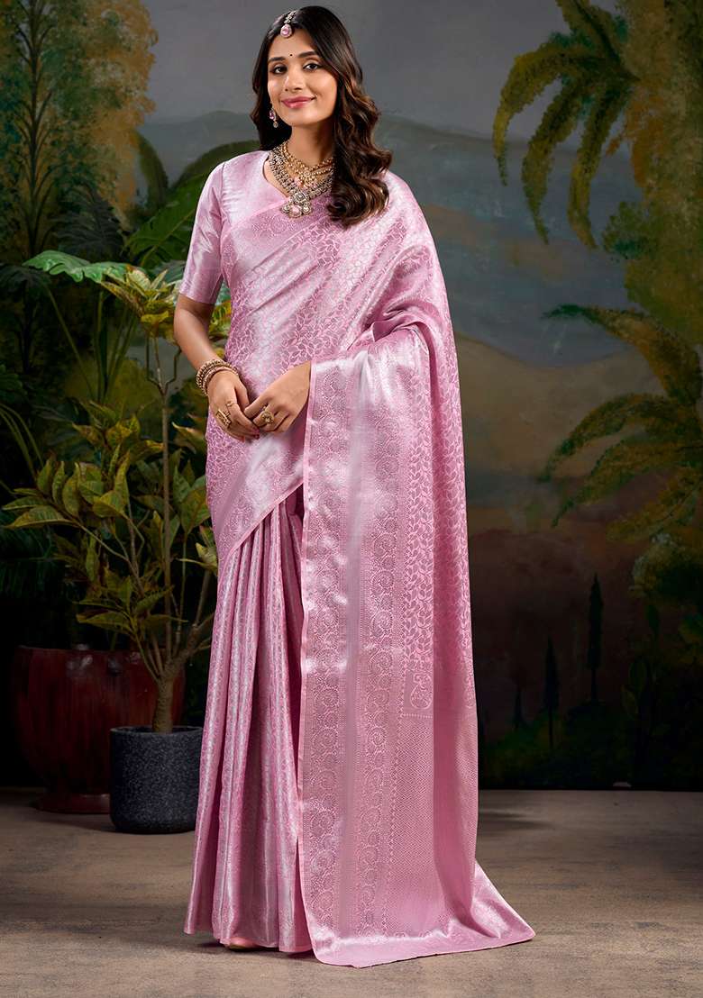 Baby Pink Zari Weaving Work Kanjivaram Silk Blend Saree Set for Diwali and Festive Wear - Indya