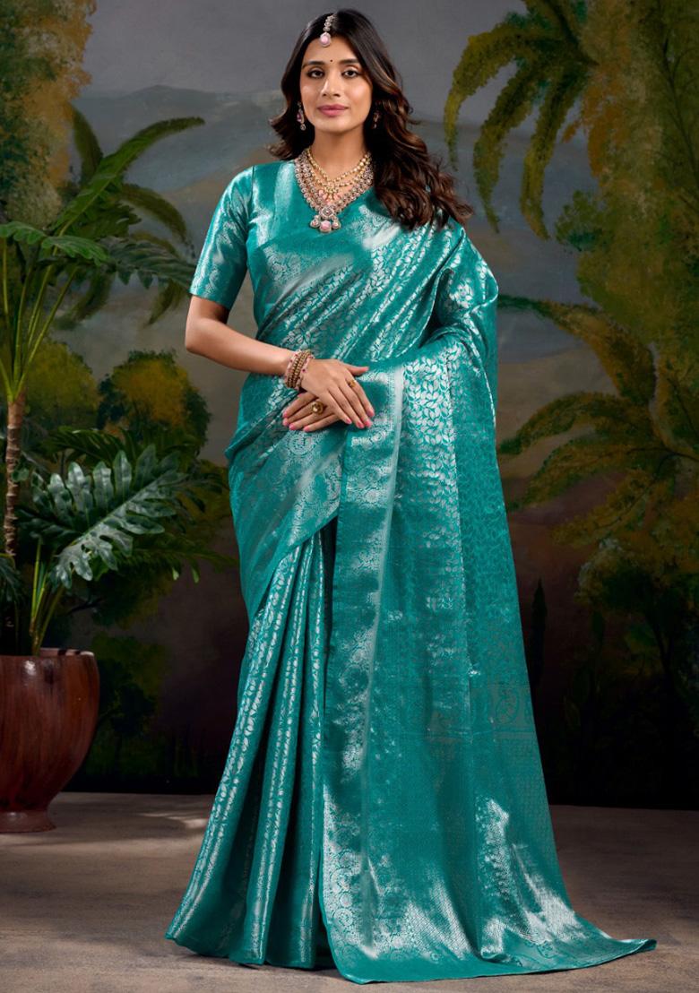 Firozi Blue Zari Weaving Work Kanjivaram Silk Saree Set