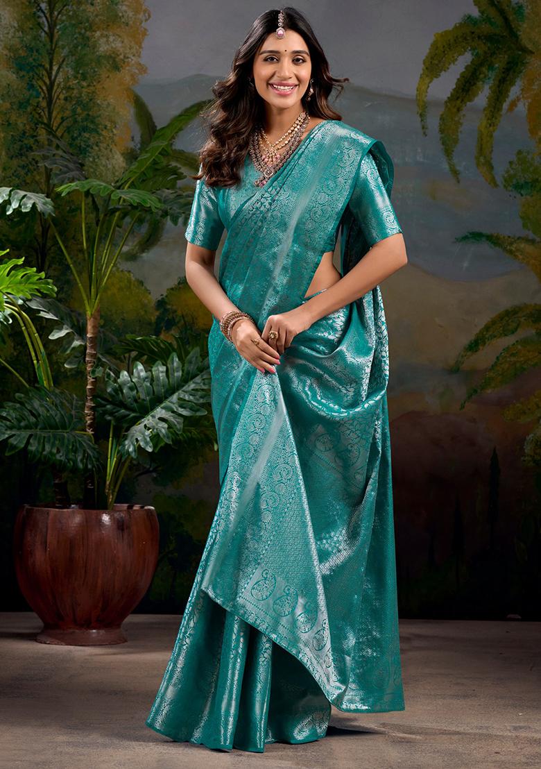 Firozi Blue Zari Weaving Work Kanjivaram Silk Saree Set