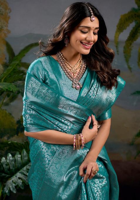 Firozi Blue Zari Weaving Work Kanjivaram Silk Saree Set