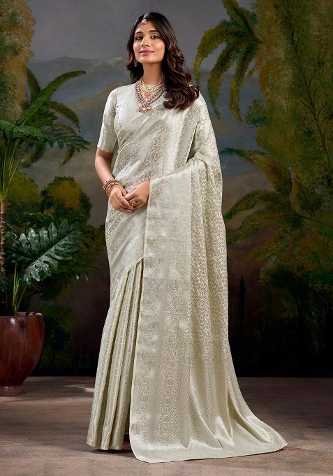 Off White Zari Weaving Work Kanjivaram Silk Saree Set