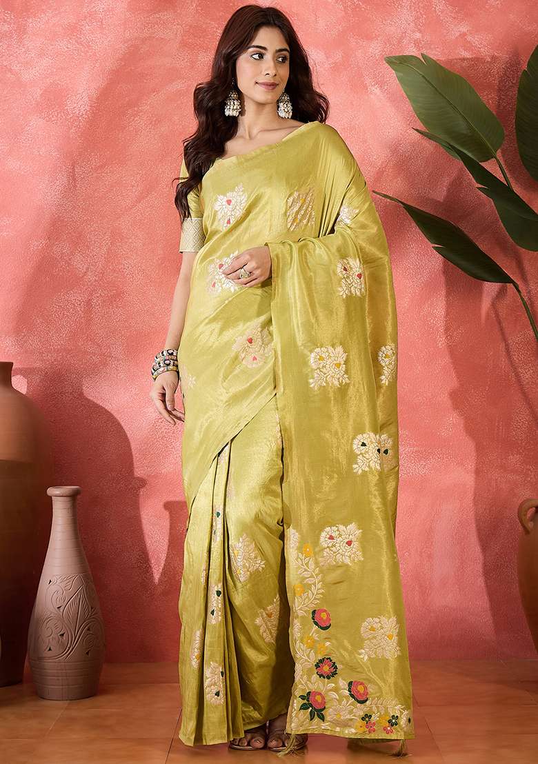Mustard Yellow Woven Silk Saree Set - Indya