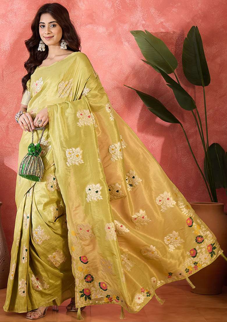 Mustard Yellow Woven Silk Saree Set - Indya
