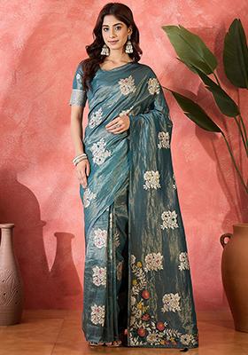 Blue Woven Silk Saree Set