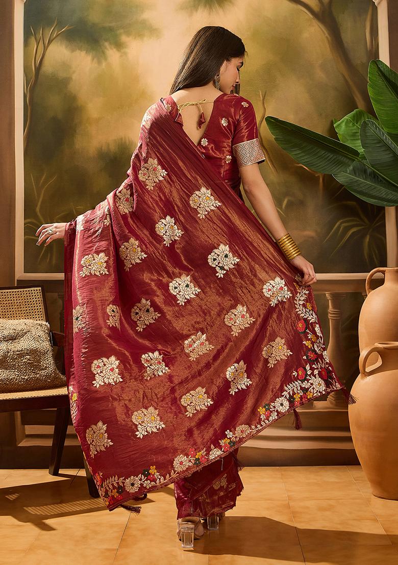 Maroon Woven Silk Saree Set