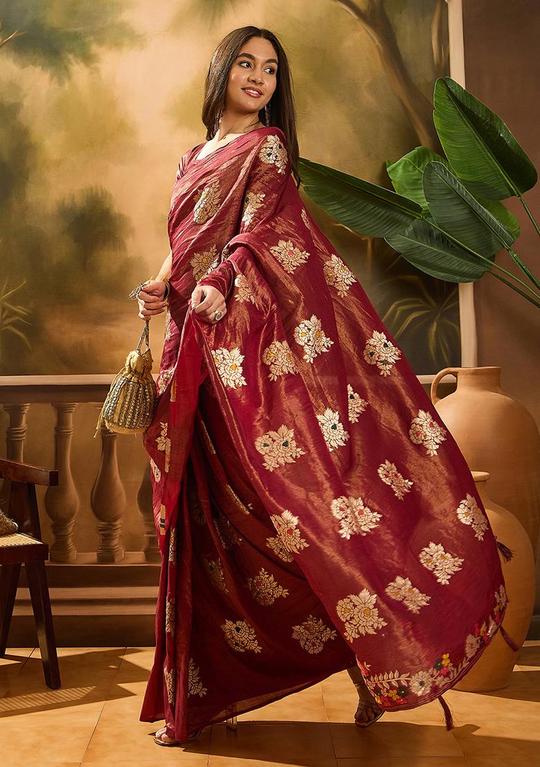 Maroon Woven Silk Saree Set