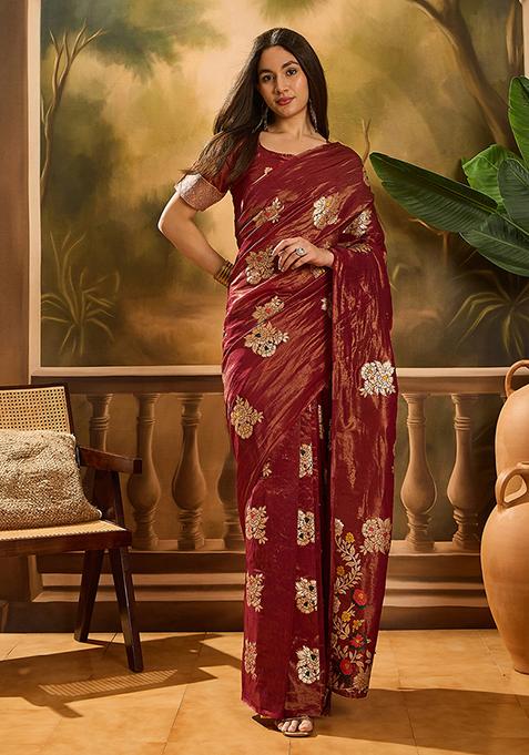 Maroon Woven Silk Saree Set