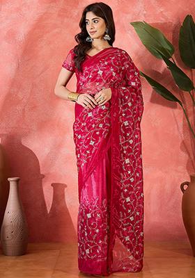 Red Sequin Embroidered Net Saree Set