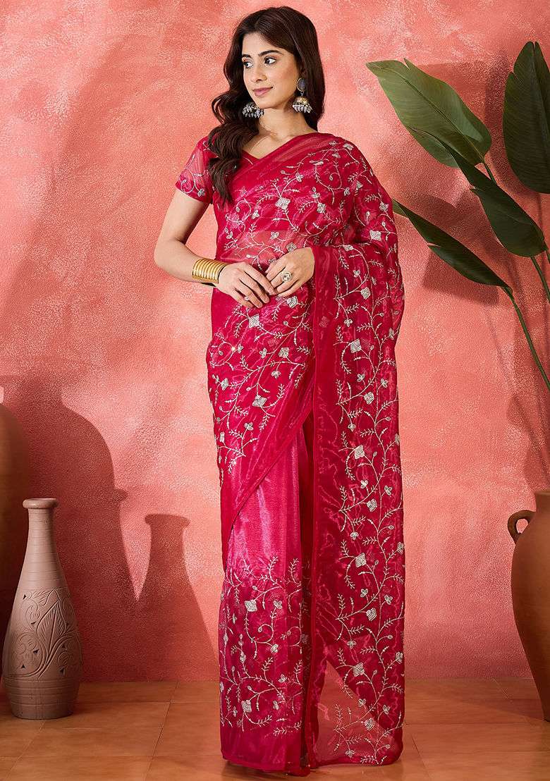 Red Sequin Embroidered Net Saree Set - Indya
