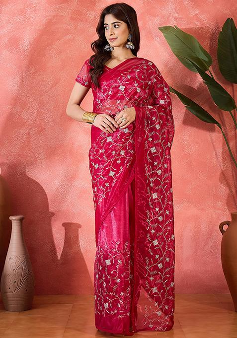 Red Sequin Embroidered Net Saree Set