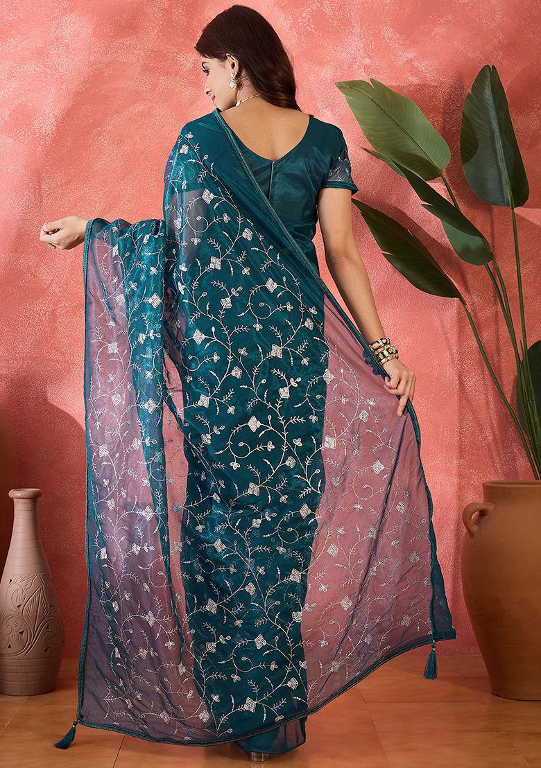 Teal Blue Sequin Embroidered Net Saree Set