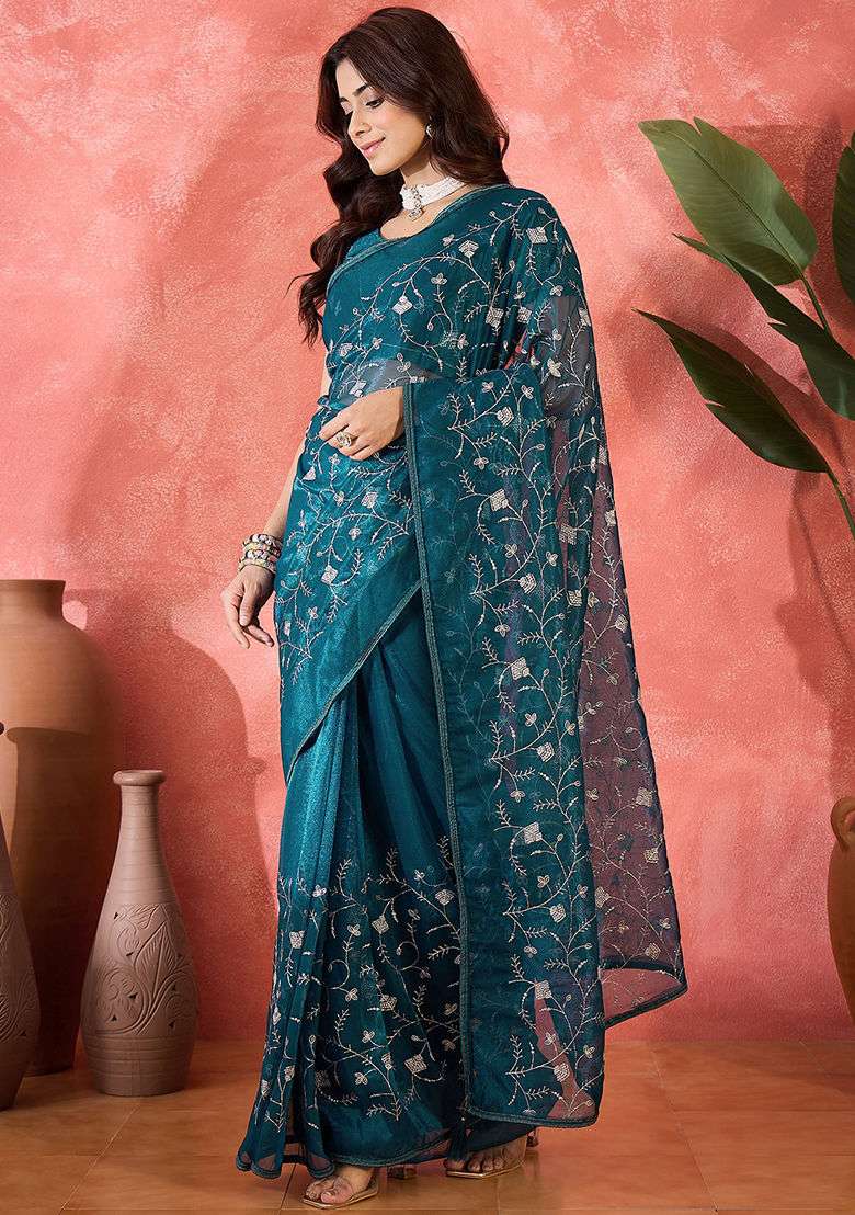 Teal Blue Sequin Embroidered Net Saree Set - Indya