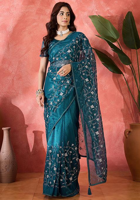 Teal Blue Sequin Embroidered Net Saree Set