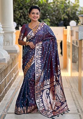 Purple Woven Banarasi Silk Saree Set